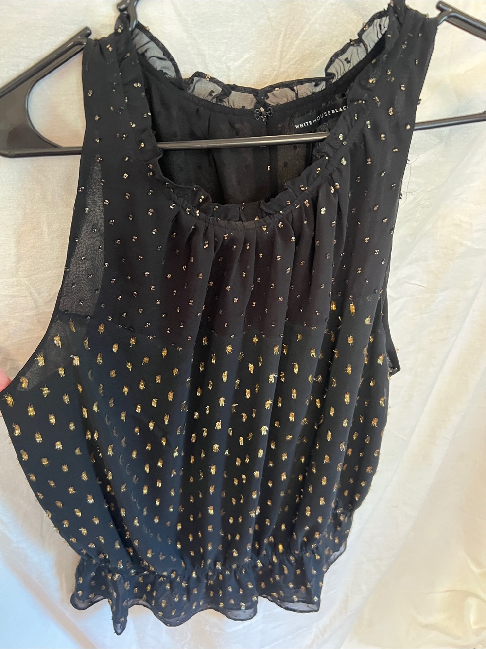 White House Black Market Black Sheer Blouse with Gold Metallic Dots